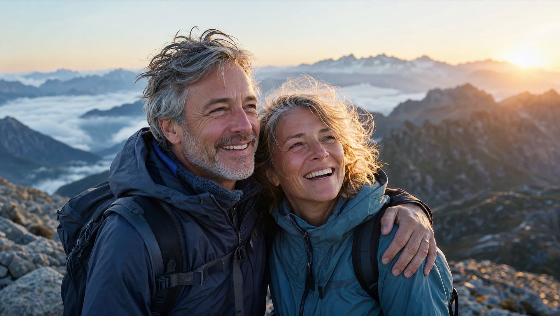 Una pareja en la cima de una montaña al amanecer, riendo contra el viento