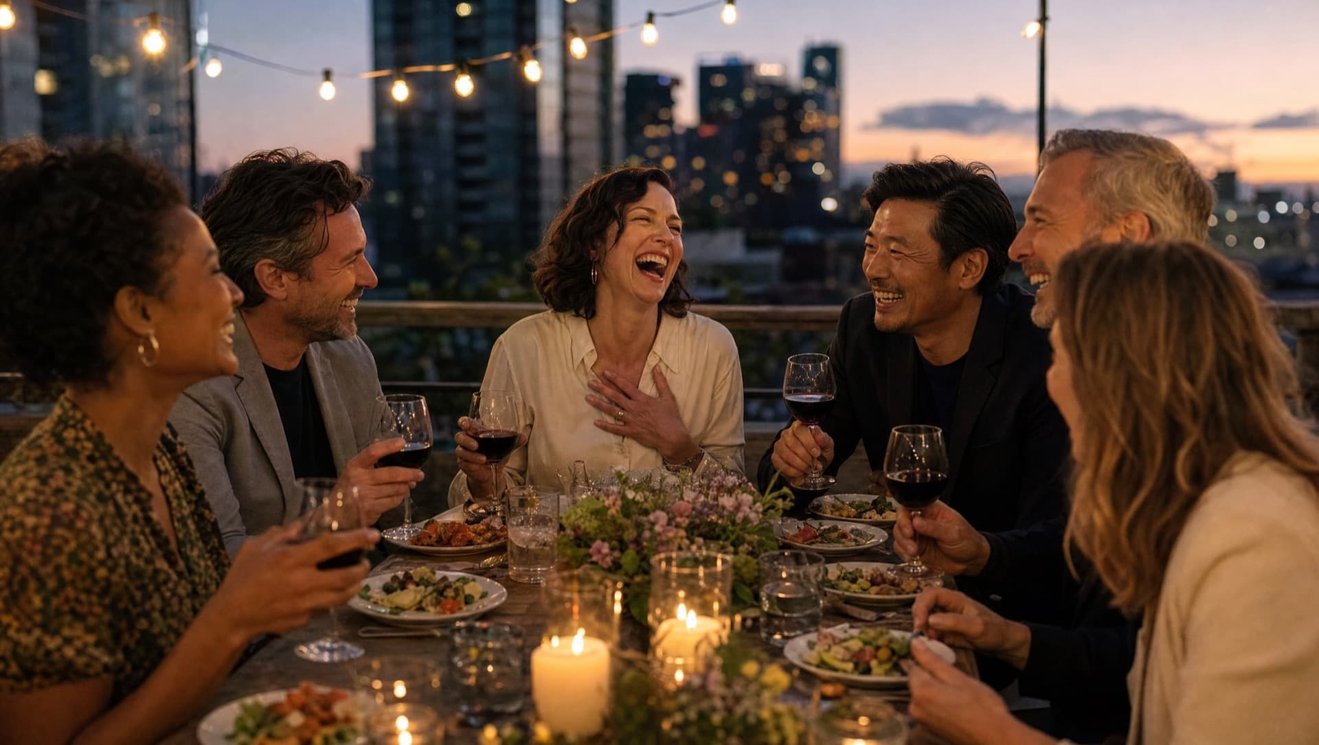 Amigos riendo alrededor de una mesa de cena con velas en una terraza