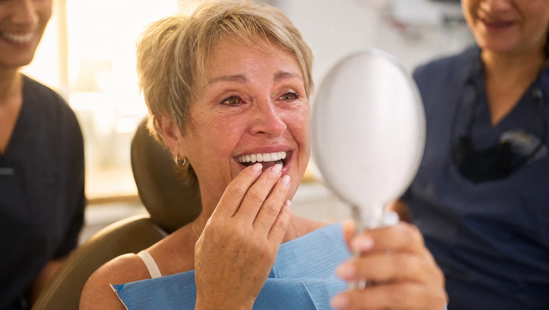 Una paciente en el sillón dental viendo por primera vez sus nuevos dientes permanentes en un espejo de mano