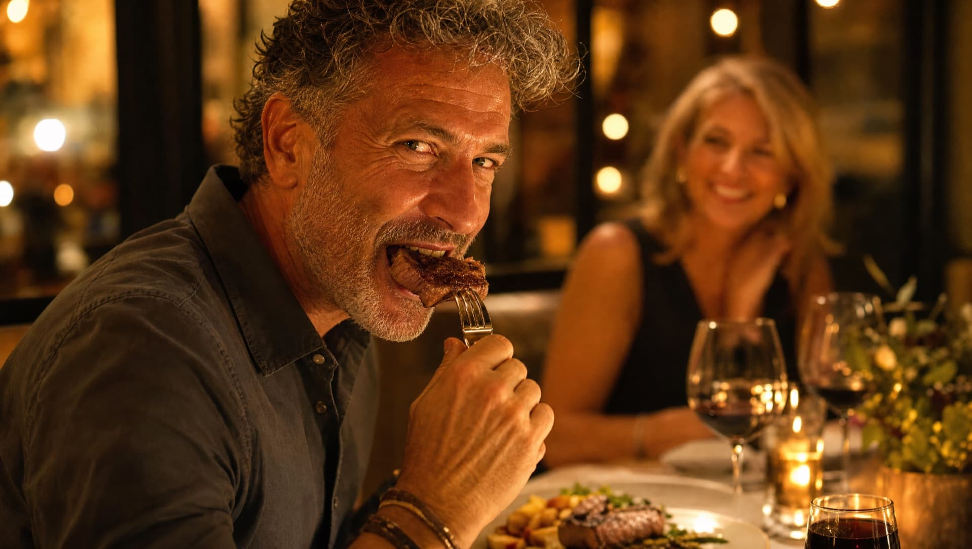 A man eating confidently at a candle-lit restaurant table, his partner laughing in the background