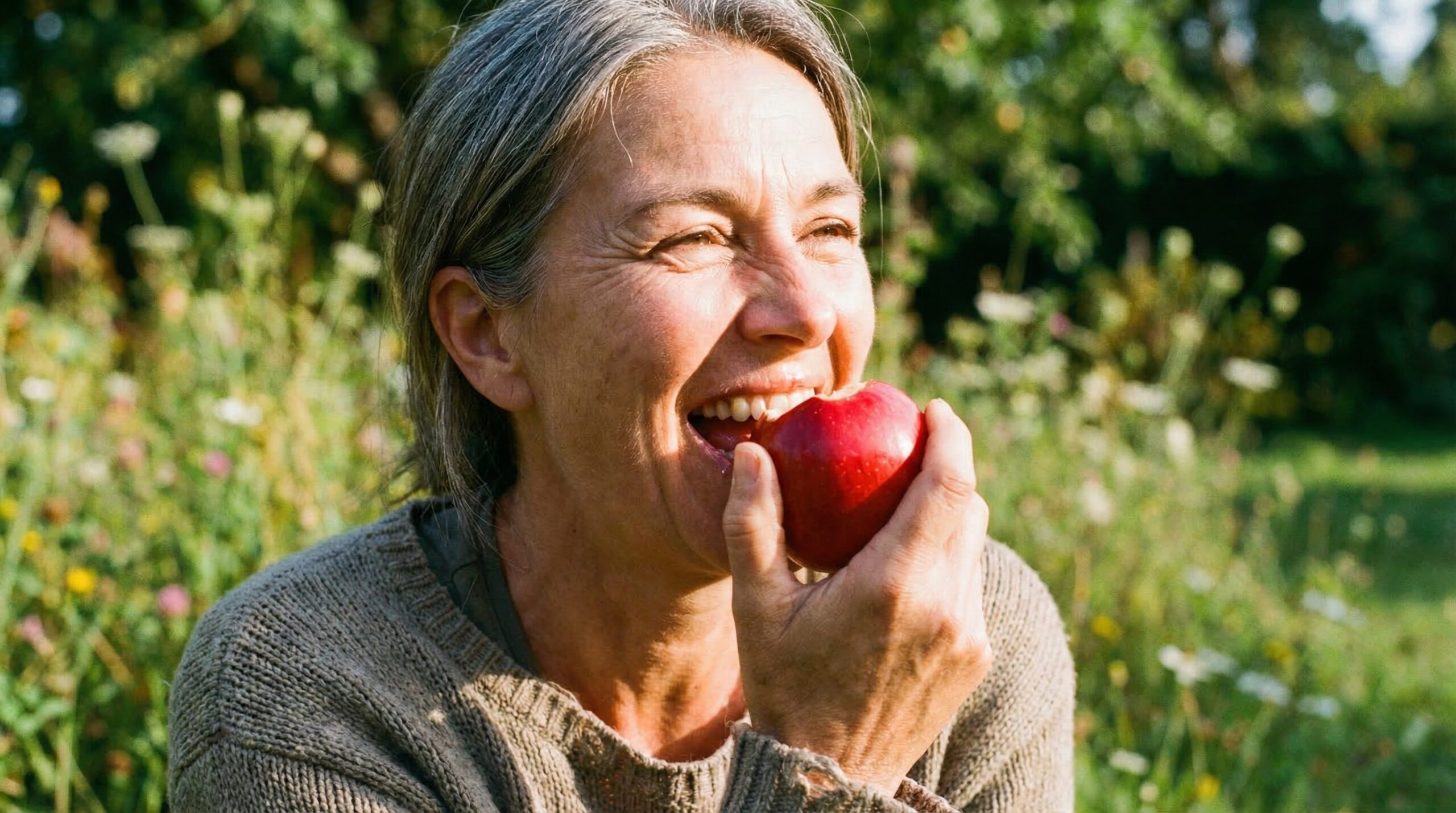Woman joyfully eating a fresh apple outdoors